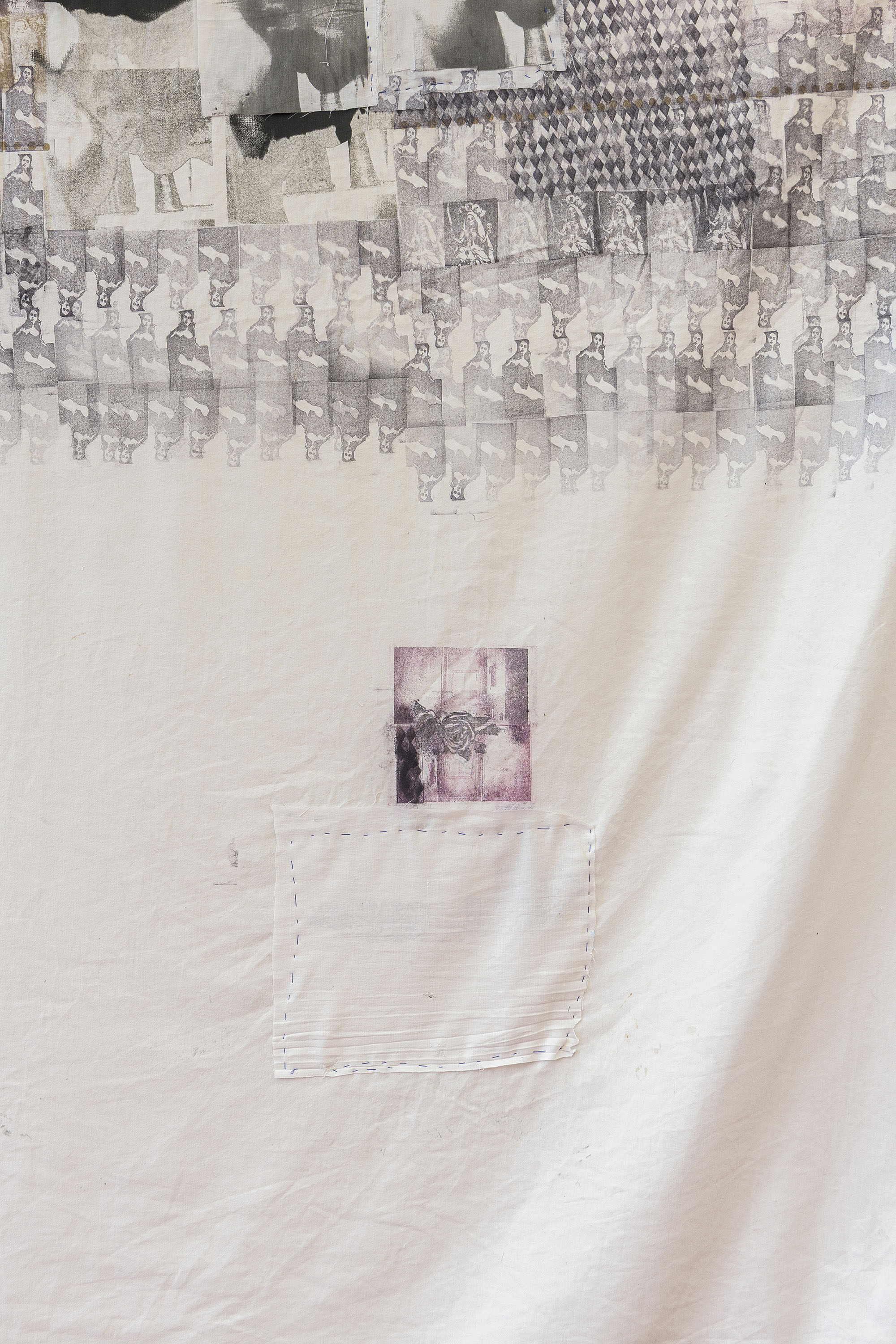 5–7 Excelsior Works by Darya Diamond, 2025. Block print and silkscreen on duvet, 182 × 187 cm.