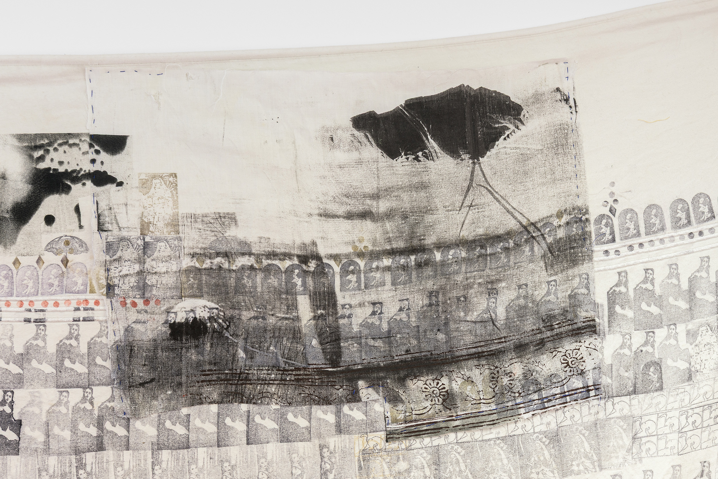 5–7 Excelsior Works by Darya Diamond, 2025. Block print and silkscreen on duvet, 182 × 187 cm.