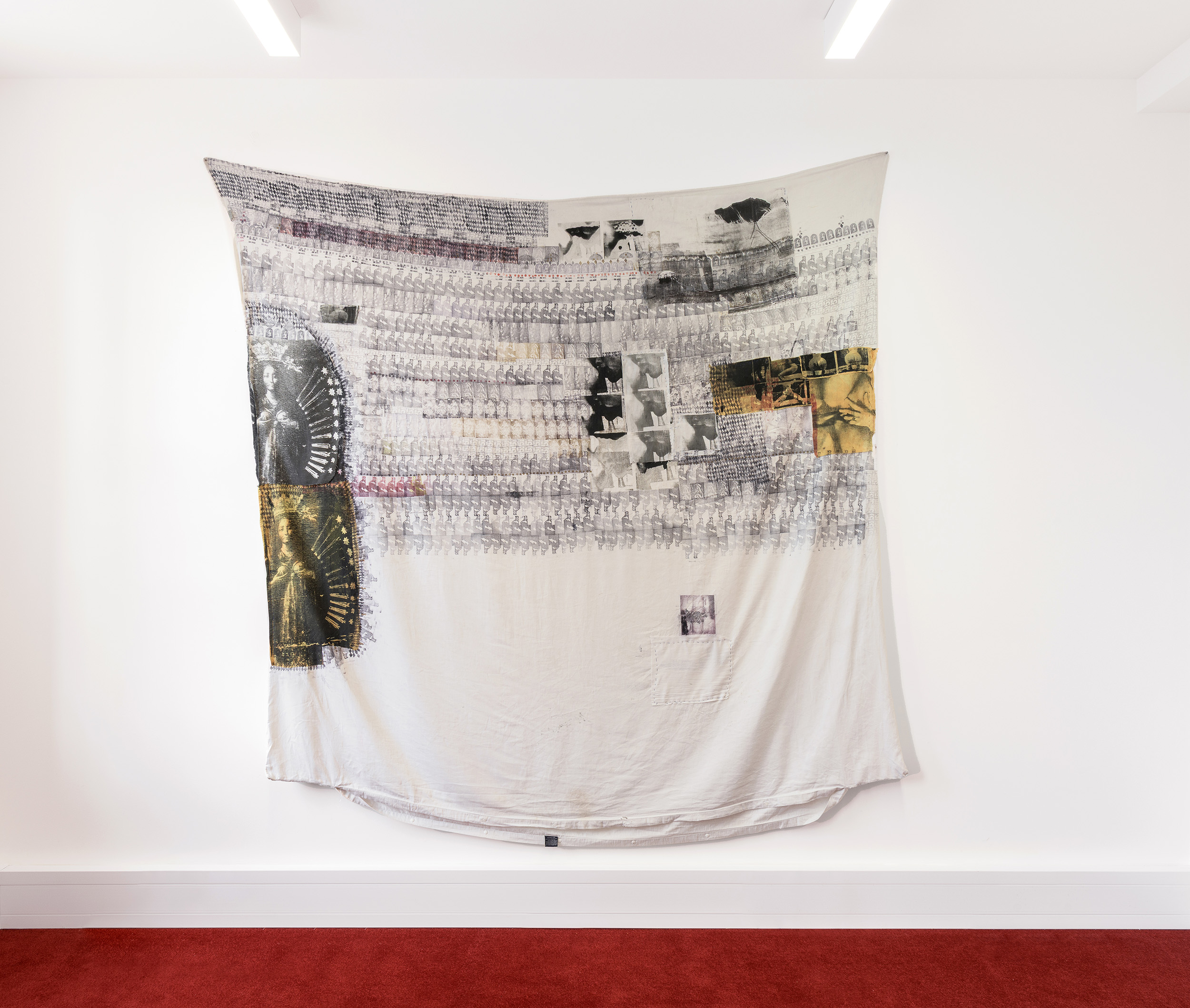 5–7 Excelsior Works by Darya Diamond, 2025. Block print and silkscreen on duvet combining self-portraiture with references to the Madonna Lactans and La Santa Muerte, exploring care, labour and intimacy, from the exhibition Eat the Roses.