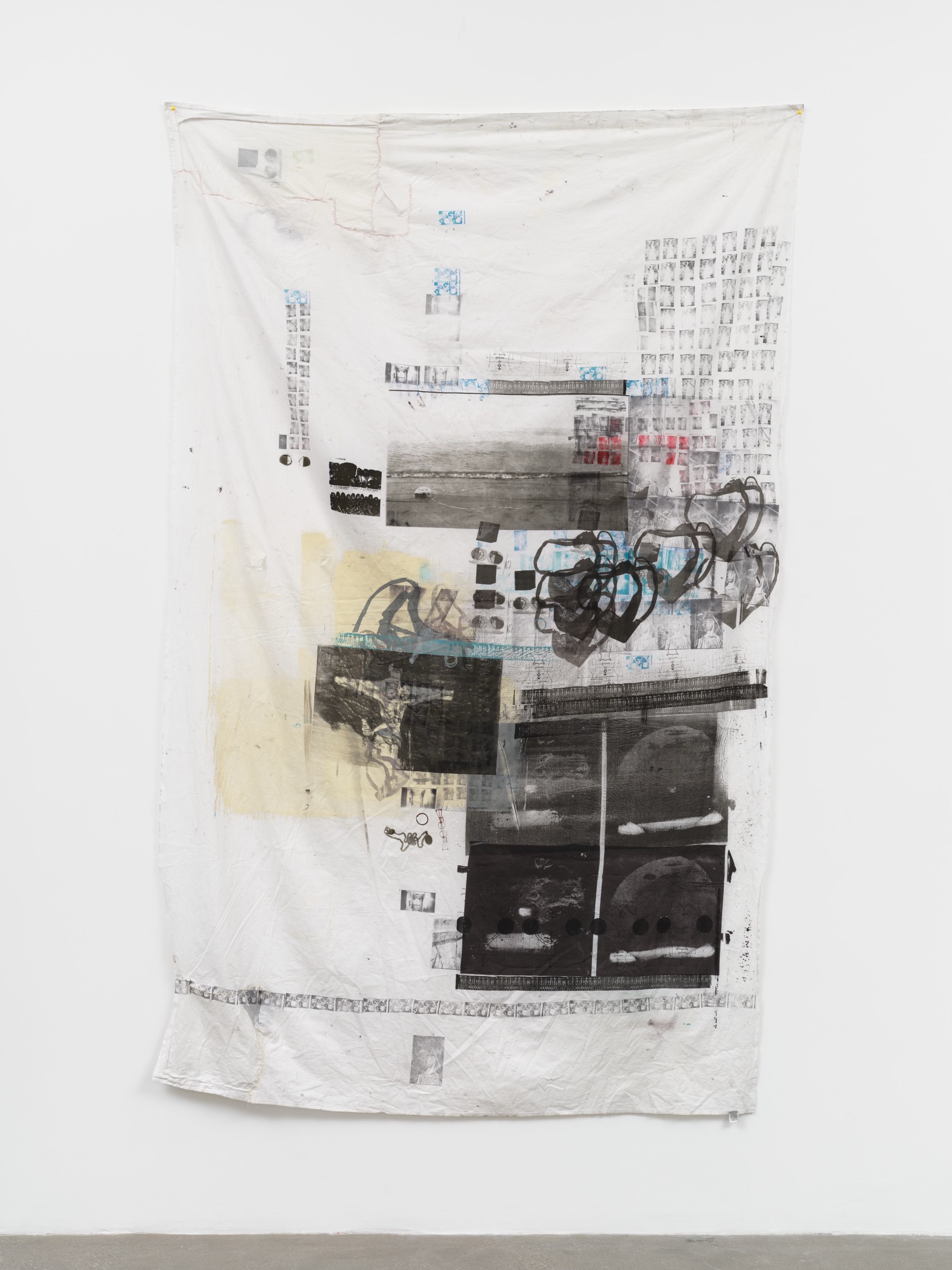 Hilton Grand Place Brussels by Darya Diamond, 2022. Silk screen on bedsheet, Sebastian Gladstone.