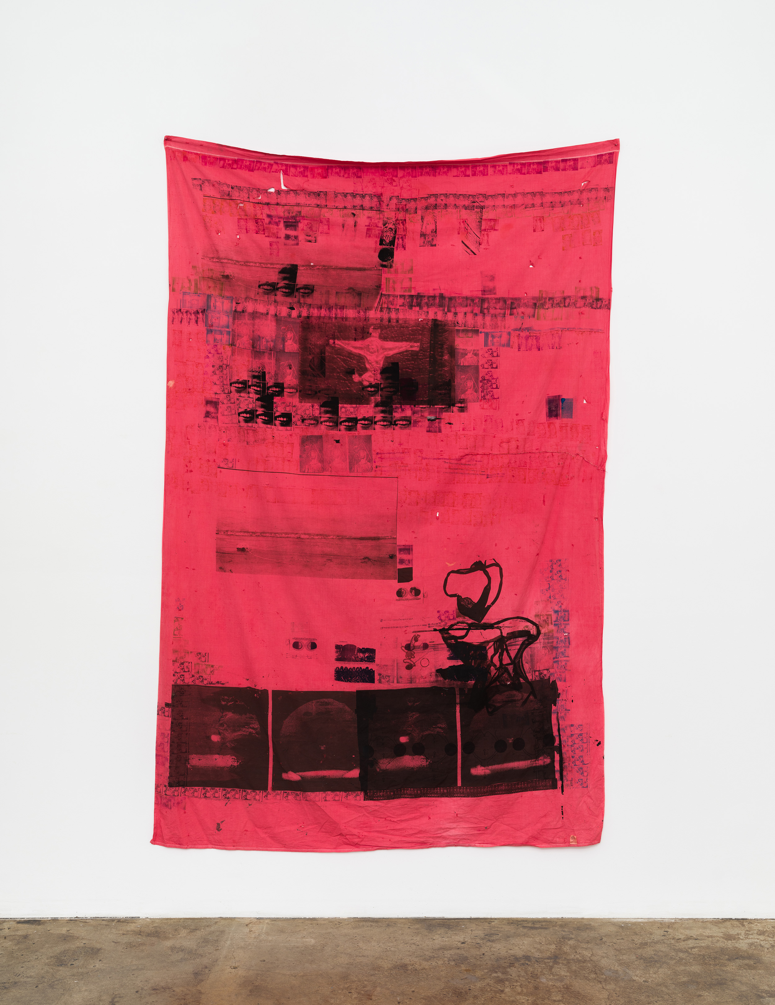 Kingsland Locke Hotel by Darya Diamond, 2022. Silk-screen and dye on bedsheet, 105" × 66".