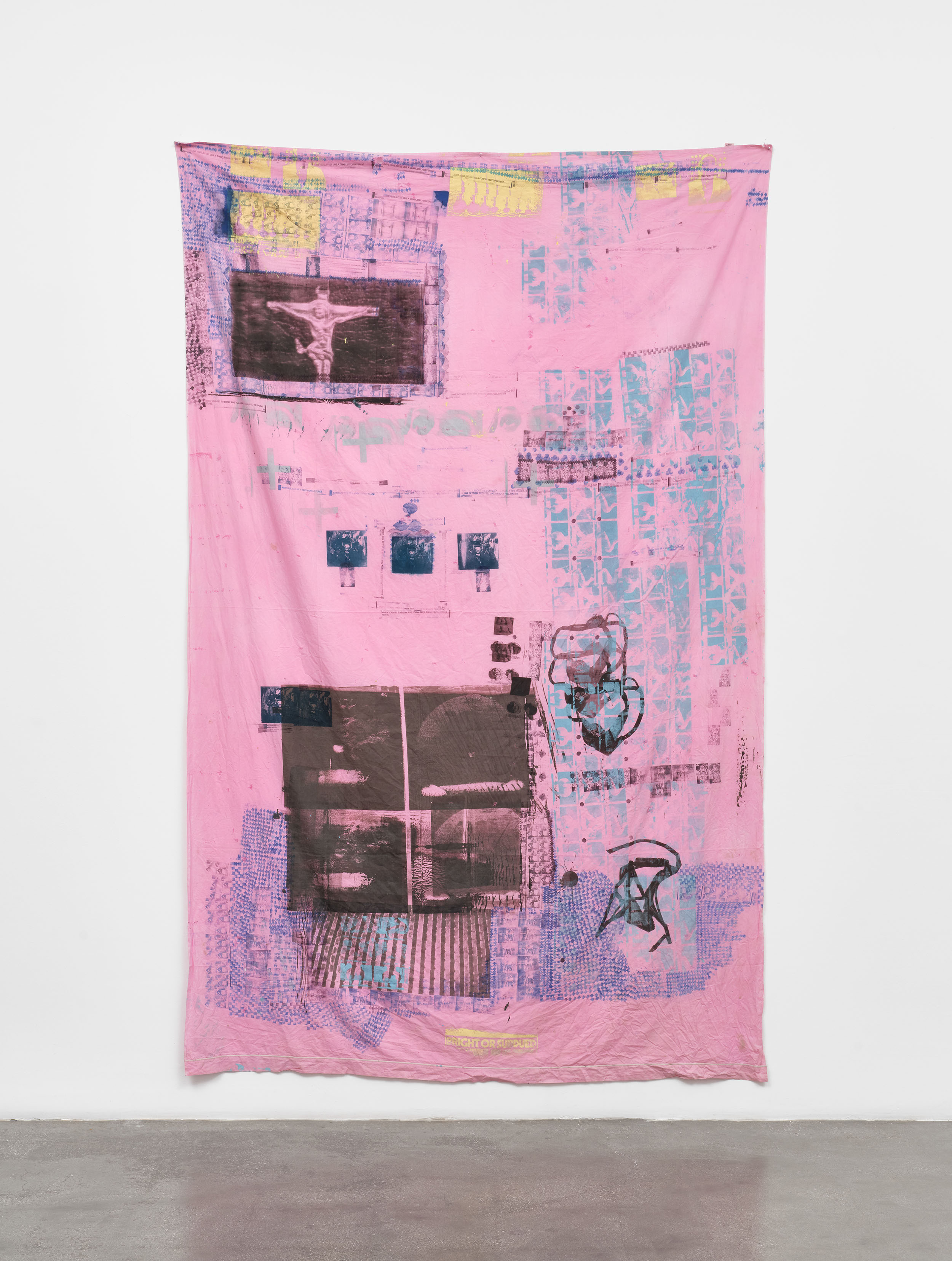 Kingsland Locke II by Darya Diamond, 2024. Block print and silkscreen on bedsheets, 109" × 68.5".