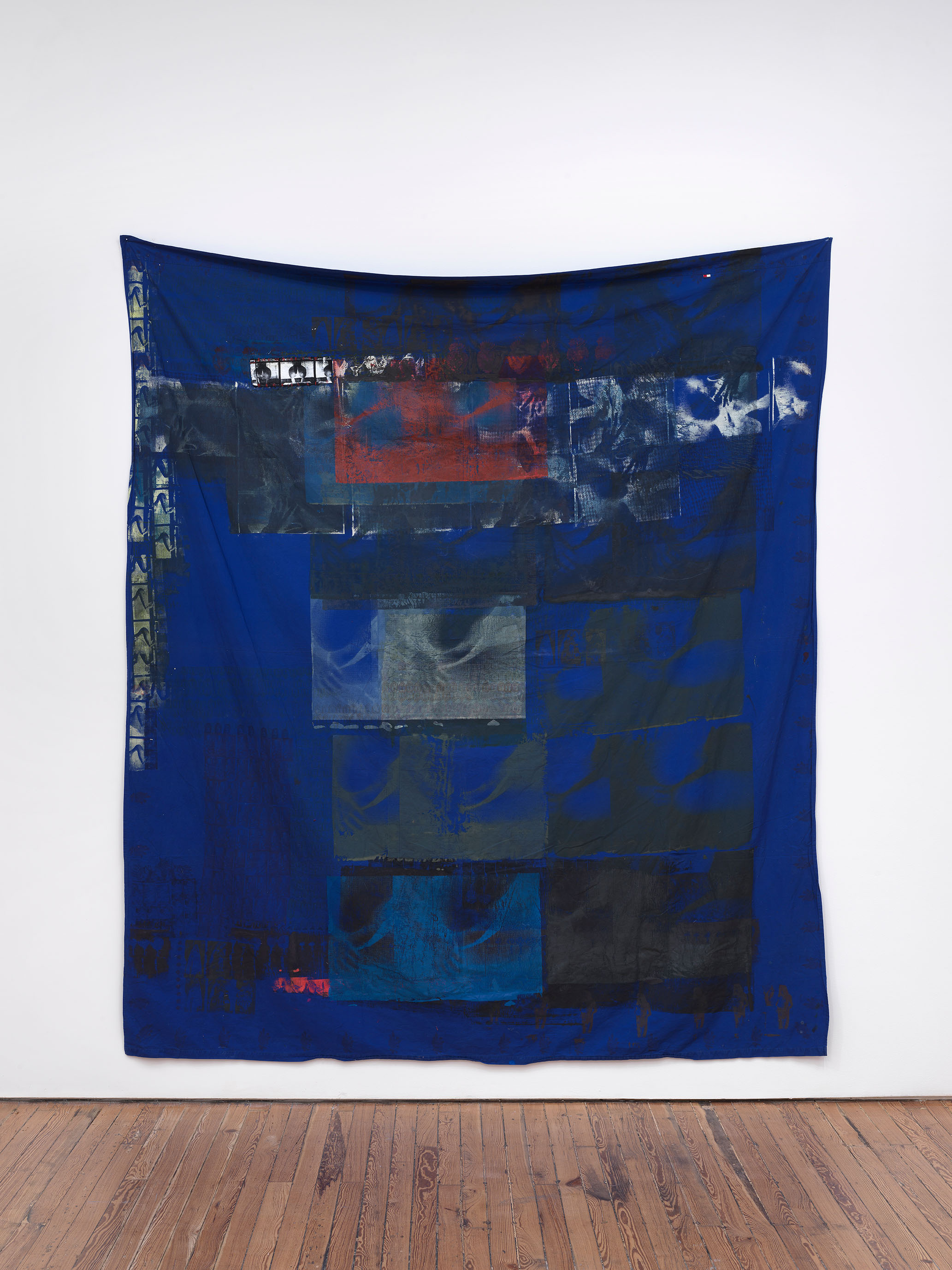 13 Gairloch Road by Darya Diamond, 2025. Silkscreen and block print on a blue bedsheet from the artist's London home, examining intimacy, memory and the body as a living archive.