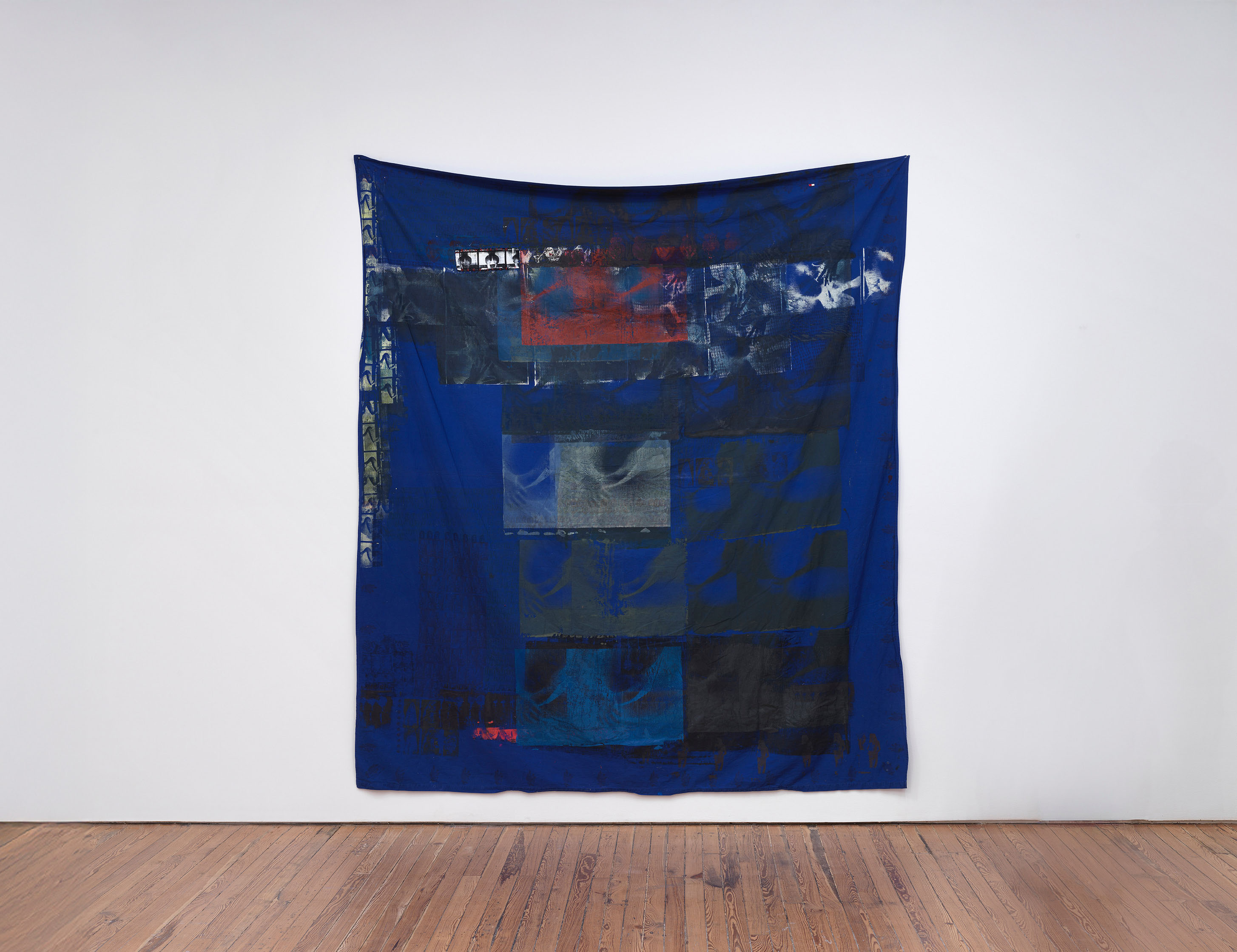 13 Gairloch Road by Darya Diamond, 2025. Silkscreen and block print on a blue bedsheet from the artist's London home, examining intimacy, memory and the body as a living archive.
