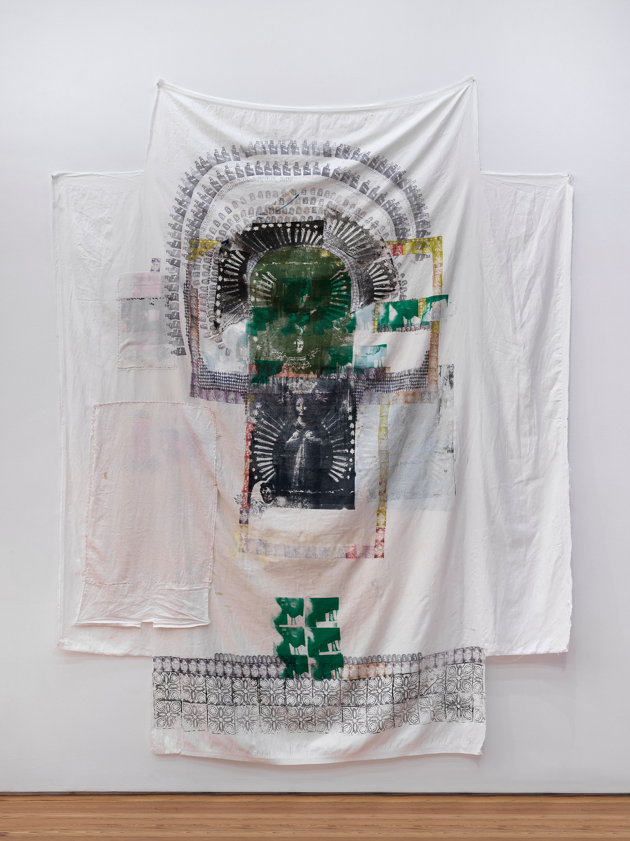 Premiere Inn Greenwich Hotel by Darya Diamond, 2025. Silkscreen and block print on a hotel bedsheet using imagery that explores care, transactional intimacy and emotional residue.